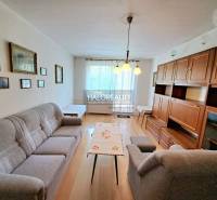 Obývací pokoj se světlem, podlahou s dřevěným dekorem a nábytkem ve 3-pokojovém bytě.