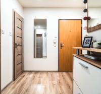 Chodba v 2-pokojovém bytě s podlahou s dřevěným dekorem a dekoracemi.