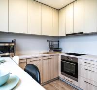 Kuchyně v 2pokojovém bytě s bílými skříňkami, mikrovlnkou a varnou deskou.