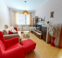 Obývací pokoj v 2pokojovém bytě s podlahou s dřevěným dekorem a červenými křesly.