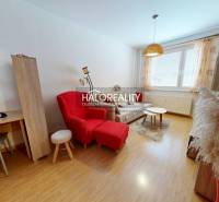 Obývací pokoj v 2-pokojovém bytě se stolkem, červeným křeslem a podlahou s dřevěným dekorem.