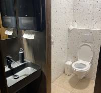 Toaleta v gastro prostorech s umyvadlem, zrcadlem a terrazzo obklady.