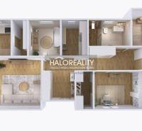 Půdorys rodinného domu s podlahou s dřevěným dekorem, obsahuje pokoje a koupelny.