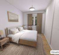 Ložnice v rodinném domě s postelí, nočním stolkem a podlahou s dřevěným dekorem.