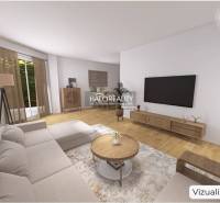 Obývací pokoj v rodinném domě s pohovkou, TV a podlahou s dřevěným dekorem.