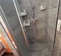 Koupelna s tmavým obkladem a sprchovým koutem v 1-pokojovém bytě.