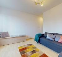 Obývací pokoj s šedou pohovkou, podlahou s dřevěným dekorem a barevným koberečkem ve 3-pokojovém bytě.