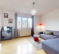 Obývací pokoj v 3pokojovém bytě s pohovkou, stolkem a podlahou s dřevěným dekorem.