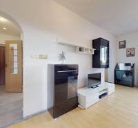 Obývací pokoj v 3-pokojovém bytě s podlahou s dřevěným dekorem, světlá nábytková sestava.