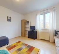 Obývací pokoj v 3-pokojovém bytě s pohovkou, skříňkou a podlahou s dřevěným dekorem.