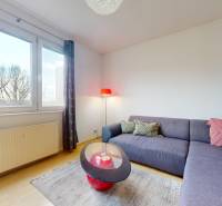 Obývací pokoj v 3pokojovém bytě s velkými okny, pohovkou a stolkem.