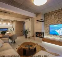 Obývací pokoj v rodinném domě s krbem, TV na kamenné stěně a podlahou s dřevěným dekorem.