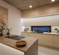 Kuchyně v rodinném domě s rostlinami a dřezem, podlaha s dřevěným dekorem.