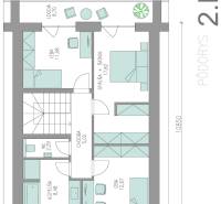 Půdorys druhého nadzemního podlaží rodinného domu s lodžií a dvěma pokoji.