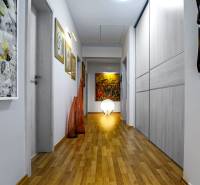 Chodba rodinného domu s dekorativním uměním a podlahou s dřevěným dekorem.