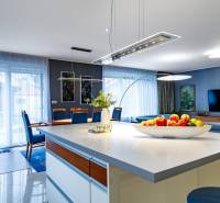 Obývací pokoj v rodinném domě s kuchyňským ostrůvkem, pohovkou a jídelním stolem.