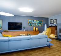 Obývací pokoj v rodinném domě s krbem, pohovkou a podlahou s dřevěným dekorem.