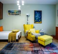 Pokoj rodinného domu s křeslem, postelí, kobercem a dekoracemi. Podlaha s dřevěným dekorem.