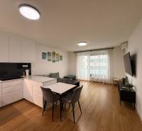 Obývací pokoj v 2-pokojovém bytě s kuchyní a podlahou s dřevěným dekorem.