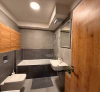 Koupelna 2pokojového bytu s dlažbou a dřevěným dekorem na úložných skříňkách.