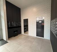 Vstupní hala se skříňkami a cihlovými stěnami v 2pokojovém bytě.