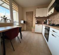 Kuchyně ve 4-pokojovém bytě s oknem, rostlinami, kuchyňskou linkou a vestavěnými spotřebiči.