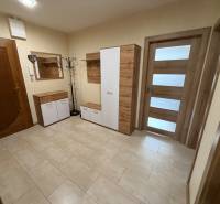 Vstupní hala s praktickým úložným nábytkem a světlou podlahou s dřevěným dekorem ve 4pokojovém bytě.