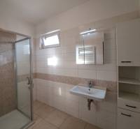 Koupelna se sprchovým koutem, umyvadlem a dlažbou ve 4pokojovém bytě.