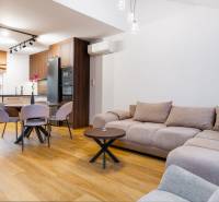 Obývací pokoj v 1-pokojovém bytě s kuchyní, sedačkou a podlahou s dřevěným dekorem.