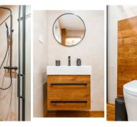 Moderní koupelna s podlahou s dřevěným dekorem v 1pokojovém bytě.