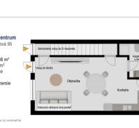 Půdorys 1-pokojového bytu s kuchyní, obývacím pokojem, koupelnou a terasou.