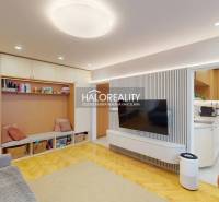 Obývací pokoj v 3-pokojovém bytě s podlahou s dřevěným dekorem a vestavěným úložným prostorem.