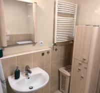 Koupelna v 2-pokojovém bytě s umyvadlem, skříňkou a radiátorem na sušení ručníků.