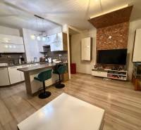 Obývací pokoj s kuchyní, barovým pultem a podlahou s dřevěným dekorem v 2pokojovém bytě.