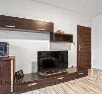 Obývací pokoj v 3pokojovém bytě s podlahou s dřevěným dekorem a velkou televizí.