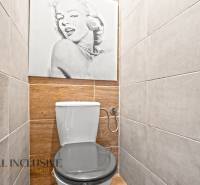 Toaleta v 3-pokojovém bytě s podlahou s dřevěným dekorem a nástěnnou fotografií.