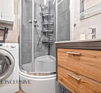 Koupelna s pračkou, sprchovým koutem a skříňkou v 3pokojovém bytě.
