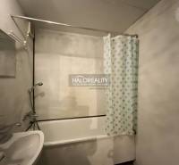 Koupelna v 3-pokojovém bytě s vanou a závěsem s modrými puntíky.