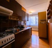 Kuchyně v 2-pokojovém bytě s pracovní deskou a podlahou s dřevěným dekorem.