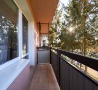 Balkon na Sládkovičově ulici ve Fiľakovu, obklopený zelení, součást 2-pokojového bytu.