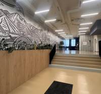 Kanceláře s podlahou s dřevěným dekorem, schody, křeslo a velká nástěnná malba.