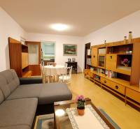 Obývací pokoj ve 4-pokojovém bytě s pohovkou, jídelním stolem a podlahou s dřevěným dekorem.