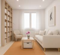 Stylový obývací pokoj s policemi a podlahou s dřevěným dekorem ve 4pokojovém bytě.