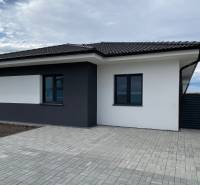 Rodinný dům v Madunicích s tmavou fasádou a dlážděným prostranstvím.