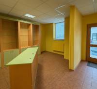 Obchodní prostory s policemi, pultem a dlažbou, ideální pro různé podnikatelské účely.