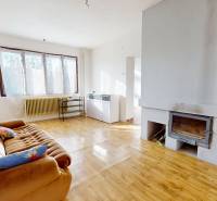 Obývací prostor s pohovkou, krbem a podlahou s dřevěným dekorem v rodinném domě.