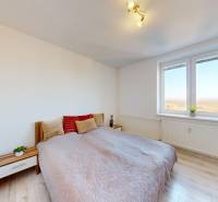 Světlá ložnice s podlahou s dřevěným dekorem a velkým oknem v 3-pokojovém bytě.