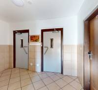 Chodba s několika dveřmi a obrazem v 3-pokojovém bytě, dlažba na podlaze.