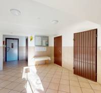 Vstupní hala 3pokojového bytu s dlažbou a hasicím přístrojem.