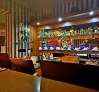 Interiér budovy s barovým pultem, ozdobnými regály a automatem.